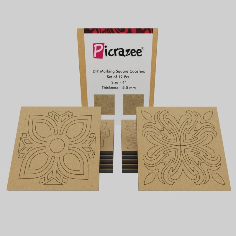 PICRAZEE DIY Engineered Pine MDF Pre-Marked 12 Square Plates (2 Designs 6 pcs Each Design) Size 4x4 inch and 5.5 mm Thickness– Ideal for Art and Craft, Resin Art, Decoupage, and DIY Projects - Image 1