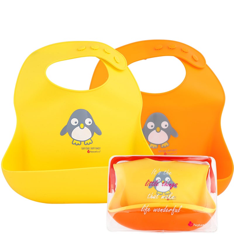 NatureBond Waterproof Baby Bibs, Silicone Weaning Bibs for Babies & Toddlers, Set of 2 w/Carry Pouch (Lemonade Yellow & Tangerine Orange) - Image 1