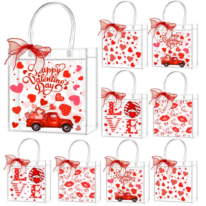 Zenoble 24 Pcs Valentines Gift Bags 4 Styles of Double-Sided PVC Clear Bags Valentine's Day Goodie Gift Bag with Red Ribbon for Anniversaries Weddings Valentine's Day Party Favor - Image 1