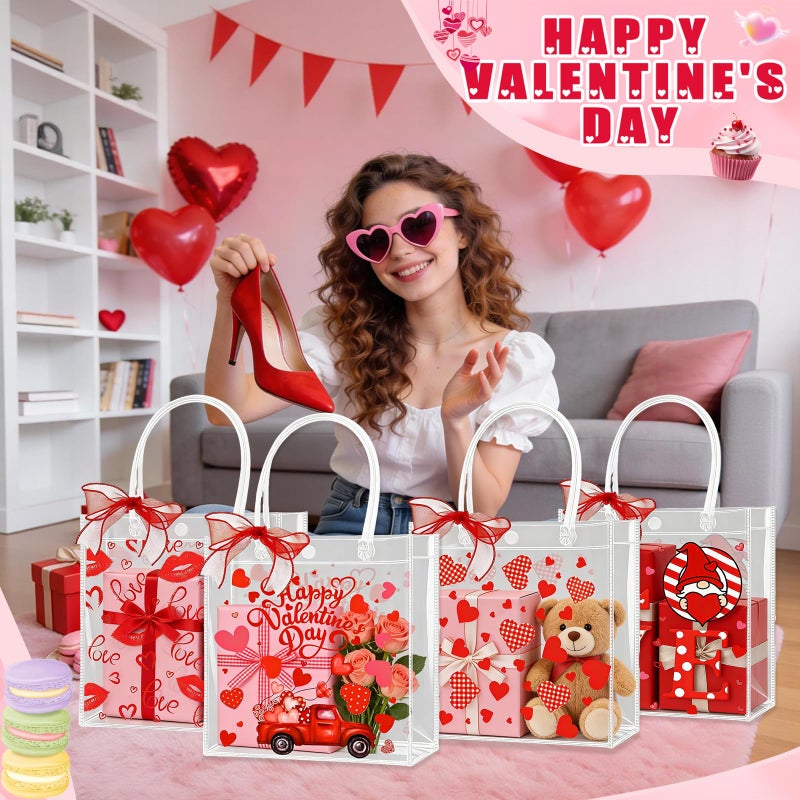 Zenoble 24 Pcs Valentines Gift Bags 4 Styles of Double-Sided PVC Clear Bags Valentine's Day Goodie Gift Bag with Red Ribbon for Anniversaries Weddings Valentine's Day Party Favor - Image 2