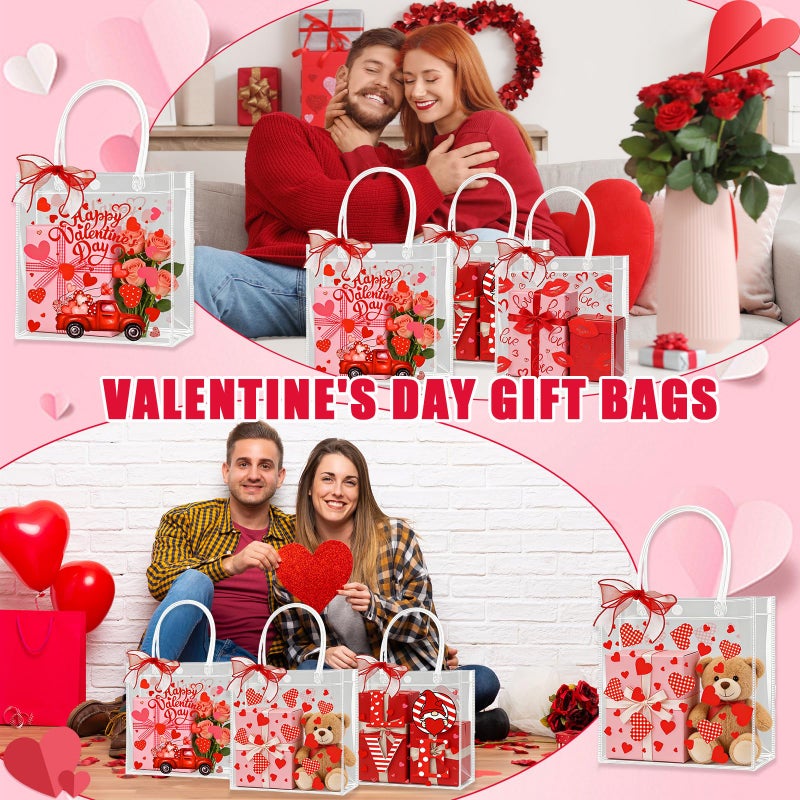 Zenoble 24 Pcs Valentines Gift Bags 4 Styles of Double-Sided PVC Clear Bags Valentine's Day Goodie Gift Bag with Red Ribbon for Anniversaries Weddings Valentine's Day Party Favor - Image 5