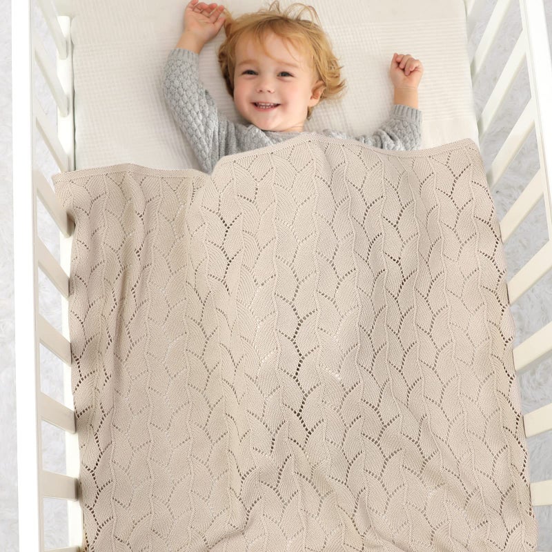 LAWKUL Cellular Blanket Baby 100% Cotton Knitted Soft Knit Crochet Blankets for Newborn Boy Girls Toddler 100x80cm Beige - Image 2