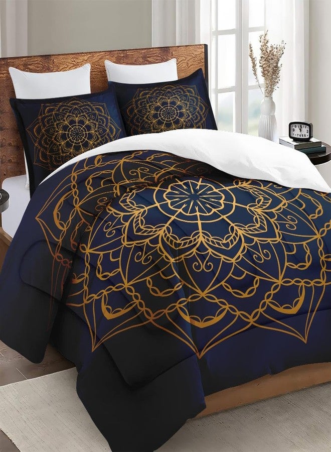 WeCozy Queen Size Comforter Set with 2 Pillowcases, Navy Blue Boho Gold Mandala Soft 3 Pcs Bedding for Kids and Adults Bedroom Bed Decor - Image 3