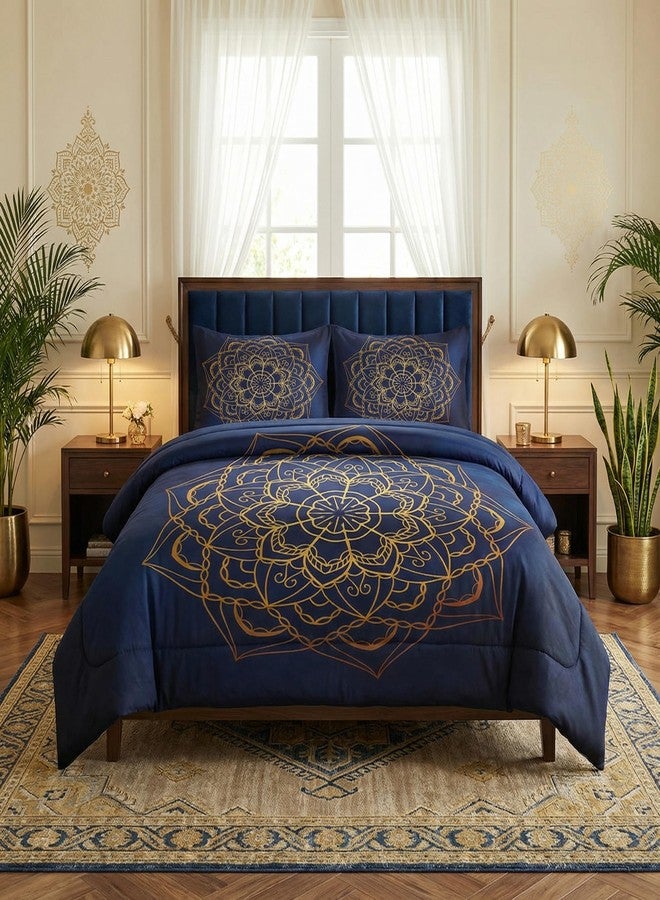 WeCozy Queen Size Comforter Set with 2 Pillowcases, Navy Blue Boho Gold Mandala Soft 3 Pcs Bedding for Kids and Adults Bedroom Bed Decor - Image 1