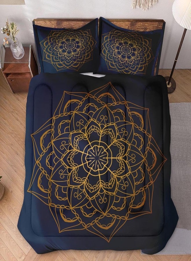 WeCozy Queen Size Comforter Set with 2 Pillowcases, Navy Blue Boho Gold Mandala Soft 3 Pcs Bedding for Kids and Adults Bedroom Bed Decor - Image 2