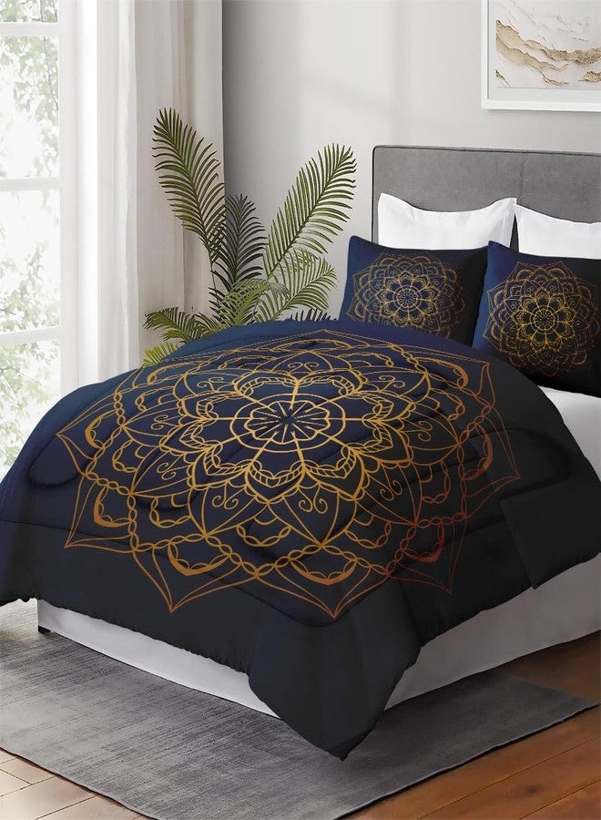 WeCozy Queen Size Comforter Set with 2 Pillowcases, Navy Blue Boho Gold Mandala Soft 3 Pcs Bedding for Kids and Adults Bedroom Bed Decor - Image 4