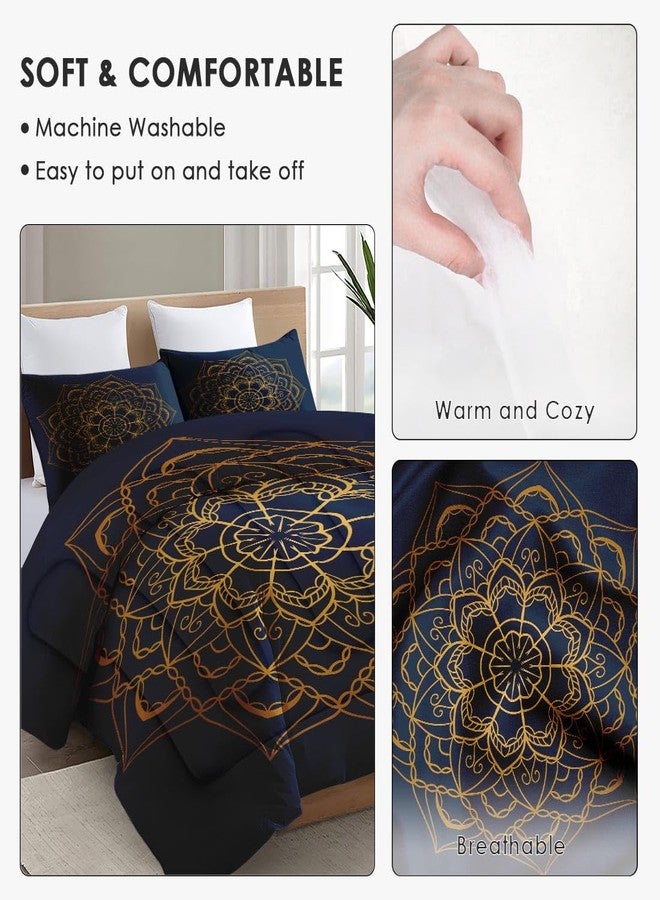 WeCozy Queen Size Comforter Set with 2 Pillowcases, Navy Blue Boho Gold Mandala Soft 3 Pcs Bedding for Kids and Adults Bedroom Bed Decor - Image 5