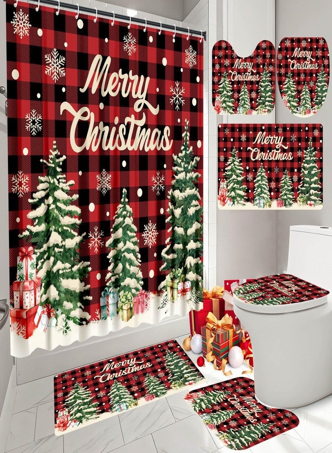 Fairooth 4 Pcs Christmas Shower Curtain Set Red Buffalo Plaid Bathroom Sets with Non-Slip Rugs Toilet Lid Cover Bath Mat with 12 Hooks Christmas Tree Shower Curtain for Xmas Winter Holiday Bathroom Home Decor - Image 1