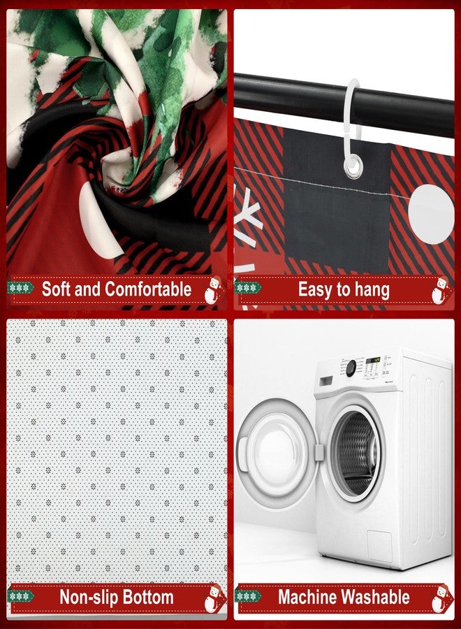 Fairooth 4 Pcs Christmas Shower Curtain Set Red Buffalo Plaid Bathroom Sets with Non-Slip Rugs Toilet Lid Cover Bath Mat with 12 Hooks Christmas Tree Shower Curtain for Xmas Winter Holiday Bathroom Home Decor - Image 3