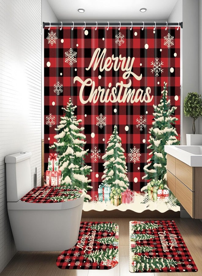 Fairooth 4 Pcs Christmas Shower Curtain Set Red Buffalo Plaid Bathroom Sets with Non-Slip Rugs Toilet Lid Cover Bath Mat with 12 Hooks Christmas Tree Shower Curtain for Xmas Winter Holiday Bathroom Home Decor - Image 5