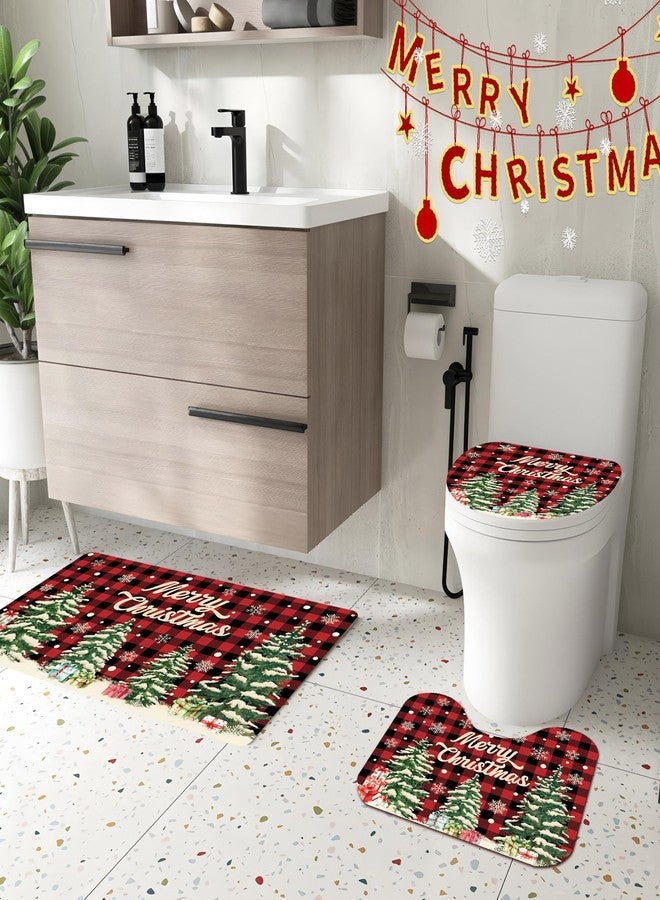 Fairooth 4 Pcs Christmas Shower Curtain Set Red Buffalo Plaid Bathroom Sets with Non-Slip Rugs Toilet Lid Cover Bath Mat with 12 Hooks Christmas Tree Shower Curtain for Xmas Winter Holiday Bathroom Home Decor - Image 4