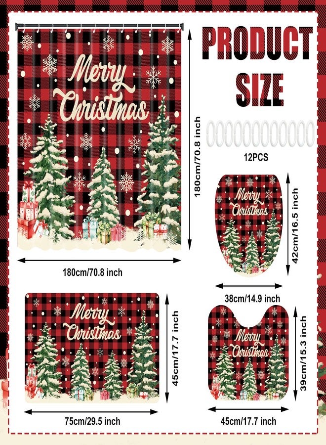 Fairooth 4 Pcs Christmas Shower Curtain Set Red Buffalo Plaid Bathroom Sets with Non-Slip Rugs Toilet Lid Cover Bath Mat with 12 Hooks Christmas Tree Shower Curtain for Xmas Winter Holiday Bathroom Home Decor - Image 2