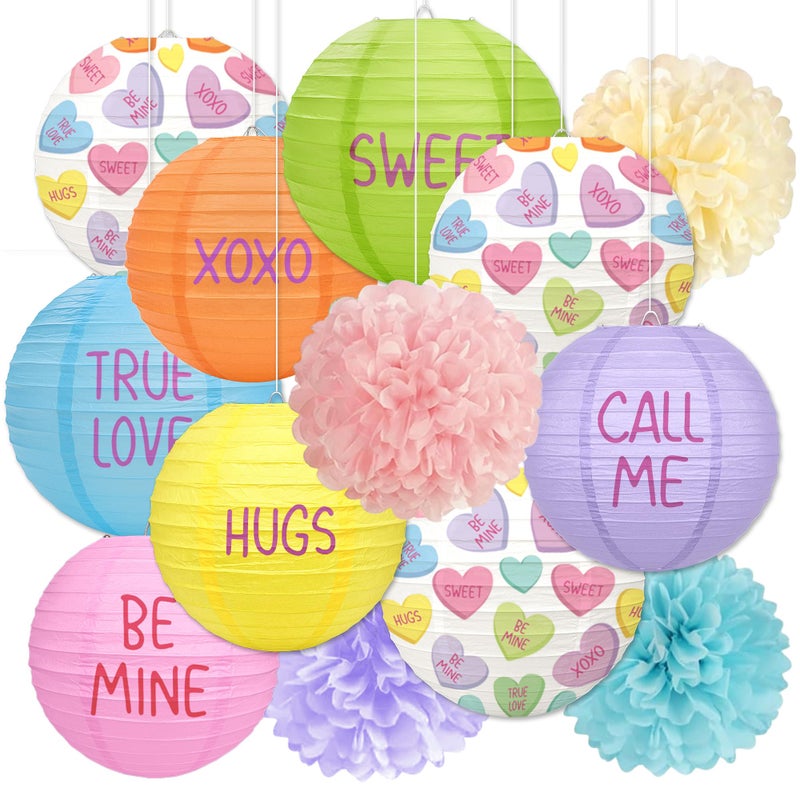 Renbuzhu 13PCS Valentines Day Decorations Colorful Paper Lanterns Pom Poms Valentineâ€™s Conversation Hearts Party Hanging Decor Supplies for Wedding Anniversary Office - Image 1