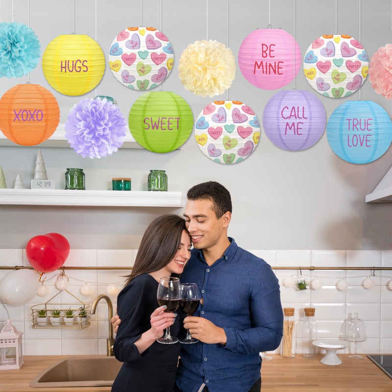 Renbuzhu 13PCS Valentines Day Decorations Colorful Paper Lanterns Pom Poms Valentineâ€™s Conversation Hearts Party Hanging Decor Supplies for Wedding Anniversary Office - Image 4