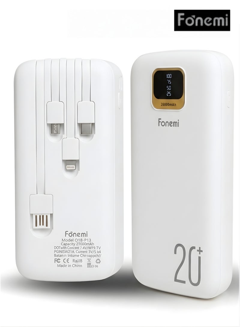 Fonemi 20000mAh Power Bank 22.5W Fast Charging, Built-in 4 Cables (Type-C, Lightning, Micro USB, USB), Digital LED Display, Smart Protection Chip, Dual Input & Multiple Output Portable Charger with Handle, Multi-Device Charging for Outdoor, Home & Office, White - Image 1