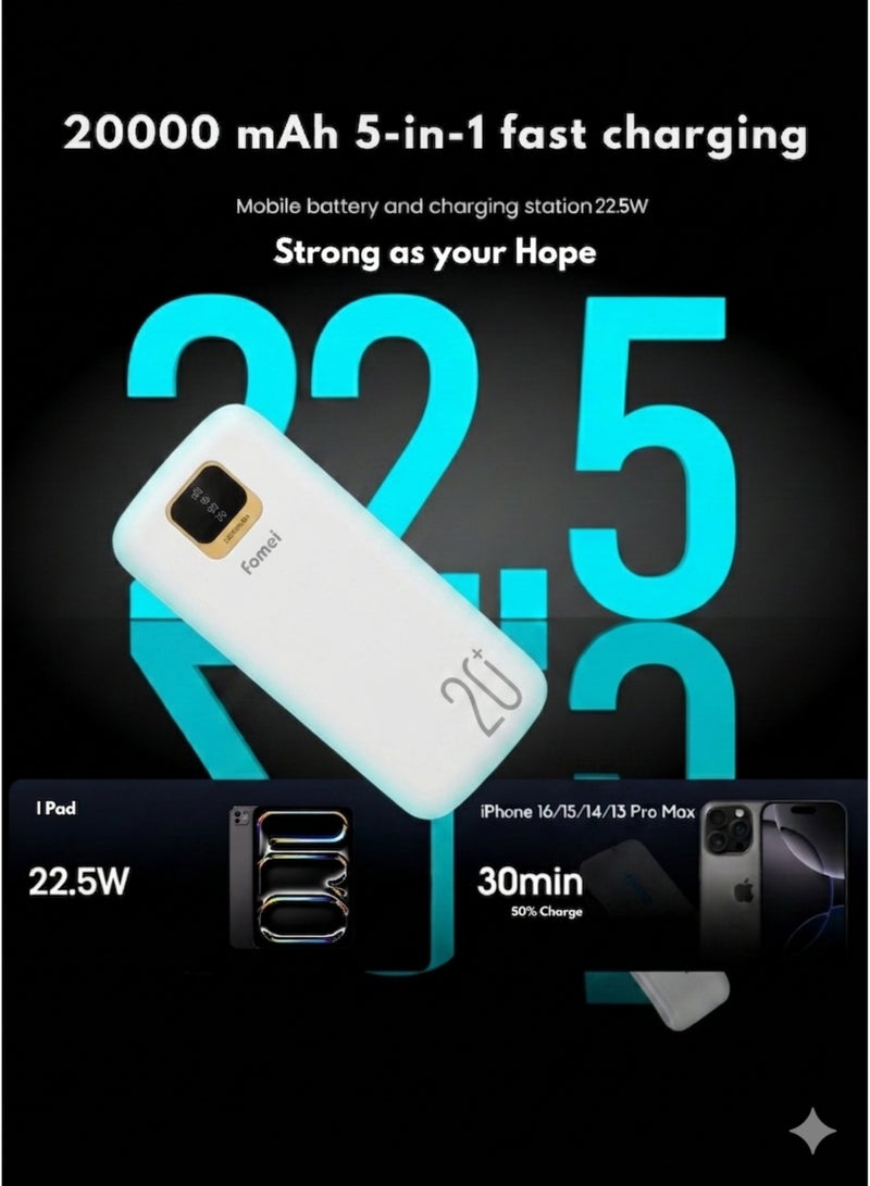 Fonemi 20000mAh Power Bank 22.5W Fast Charging, Built-in 4 Cables (Type-C, Lightning, Micro USB, USB), Digital LED Display, Smart Protection Chip, Dual Input & Multiple Output Portable Charger with Handle, Multi-Device Charging for Outdoor, Home & Office, White - Image 2