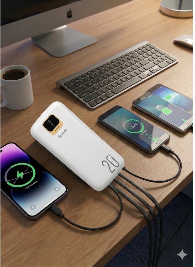 Fonemi 20000mAh Power Bank 22.5W Fast Charging, Built-in 4 Cables (Type-C, Lightning, Micro USB, USB), Digital LED Display, Smart Protection Chip, Dual Input & Multiple Output Portable Charger with Handle, Multi-Device Charging for Outdoor, Home & Office, White - Image 3