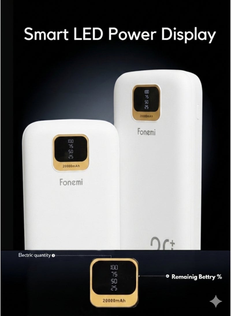 Fonemi 20000mAh Power Bank 22.5W Fast Charging, Built-in 4 Cables (Type-C, Lightning, Micro USB, USB), Digital LED Display, Smart Protection Chip, Dual Input & Multiple Output Portable Charger with Handle, Multi-Device Charging for Outdoor, Home & Office, White - Image 4