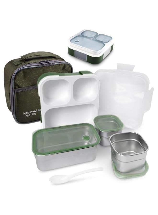 HOOKOR Stainless Steel Bento Lunch Box for Adults and Kids, 3 Compartments Large Leakproof Meal Prep Food Container for Men,Women Work or School Lunch Box,720ml,Green - Image 1