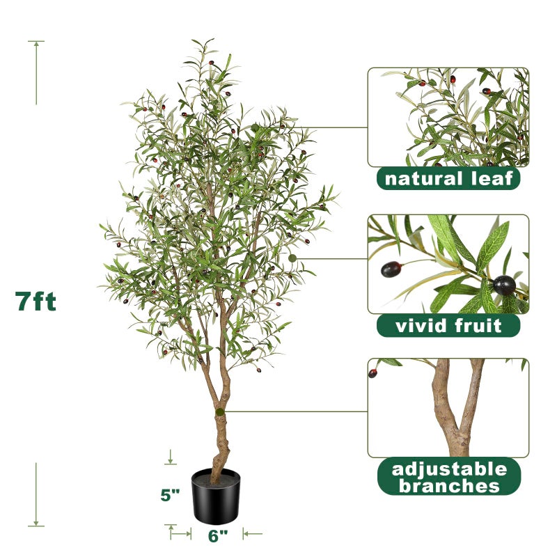 FEELEAD 7ft Faux Olive Tree - Fake Potted Olive Silk Tree with Planter Natural Olive Branches and Realistic Leaves Artificial Tree for Home House Office Decor Indoor - Image 3