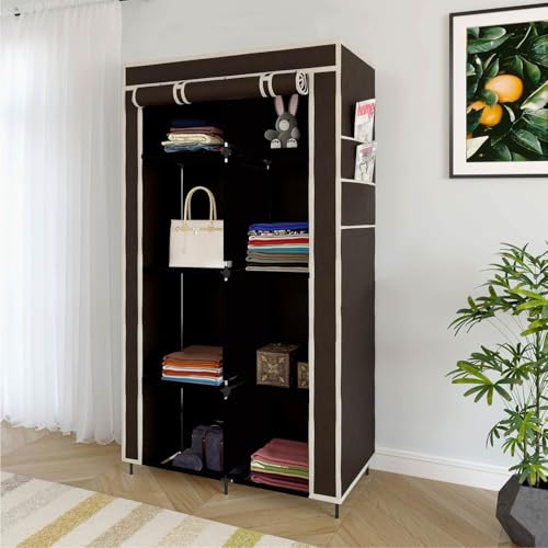 GTC® 4+4 Layer Collapsible Wardrobe for Clothes with Side Pocket 7800-2 (84CM x 42.5CM x 166CM, Brown) Storage Unit - Image 1