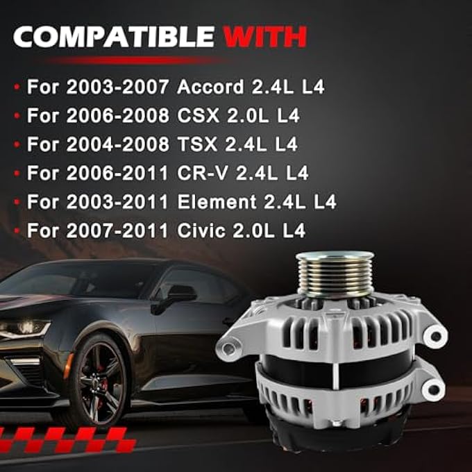 Autodevil 13980 Alternator Fit for 2003-2007 Accord, 2007-2011 CR-V, 2006-2011 CSX & Ciciv, 2004-2008 TSX, 2003-2011 Element, 2.0L 2.4L, 105Amp 12V Alternator OE 13980N, 11503, 1042104730 - Image 2