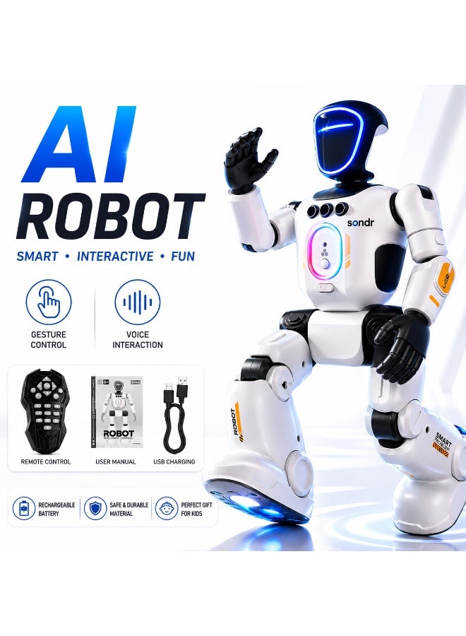 روبوت ذكي بتقنية AI للأطفال مع تسجيل وتشغيل الصوت، روبوت تفاعلي للتحكم عن بُعد مع استشعار الإيماءات ووجه LED مضيء، موسيقى ومشي ورقص، هدية عيد ميلاد مثالية للأولاد والبنات - Image 1