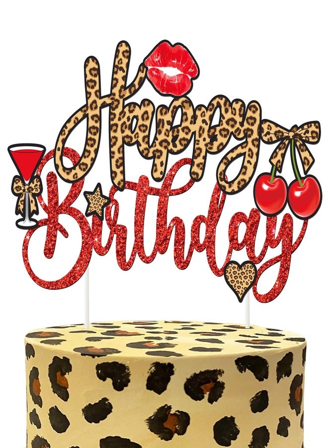 umoni Cheetah Cherry Bow Birthday Cake Topper Leopard Print Cake Decorations Cheetah Theme Birthday Cake Picks for Girls Women Night Out Cherries Birthday Bachelorette Party Supplies - Image 1