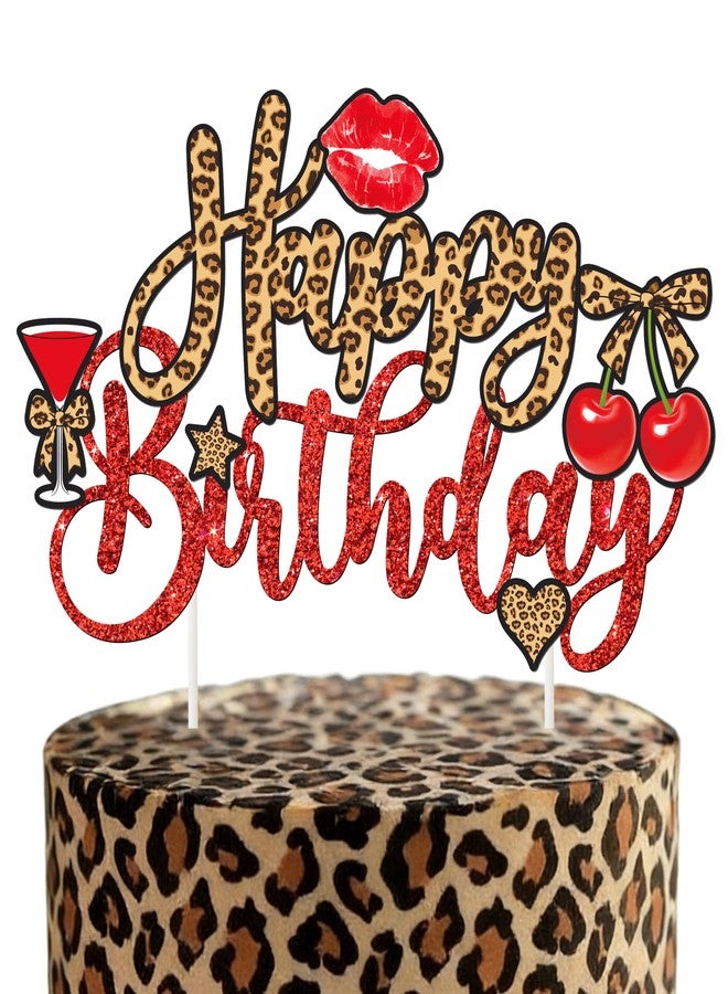 umoni Cheetah Cherry Bow Birthday Cake Topper Leopard Print Cake Decorations Cheetah Theme Birthday Cake Picks for Girls Women Night Out Cherries Birthday Bachelorette Party Supplies - Image 2