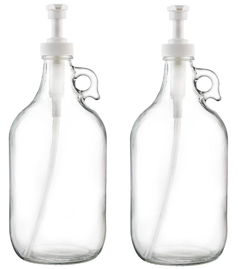 kitchentoolz Half Gallon Glass Pump Dispenser Bottle Large Jug with Pump for Laundry Soap Dispenser Liquid Detergent Fabric Softener Syrup Pump 64 oz Made in USA