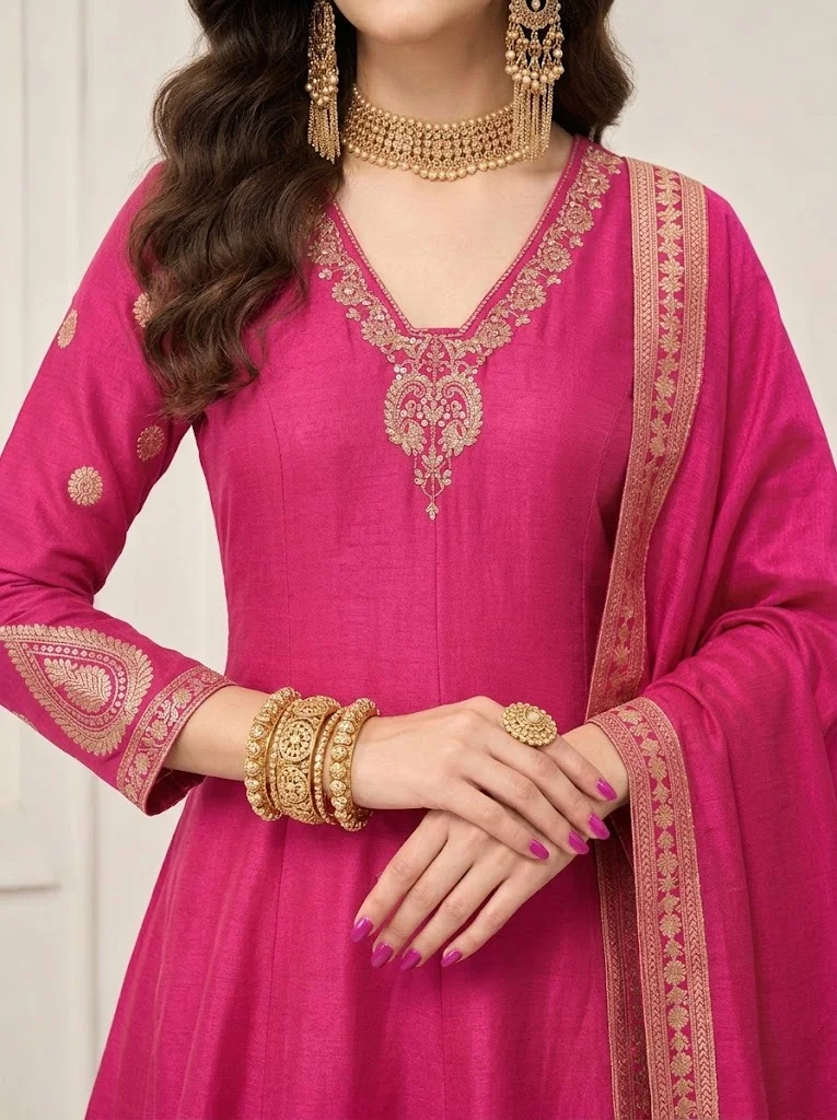 Viny Viny Women's Anarkali Suit Set – Embroidered Paisley Border Kurta with Pants & Dupatta – Ramadan & Eid – Pink – Indian Ethnic Wear