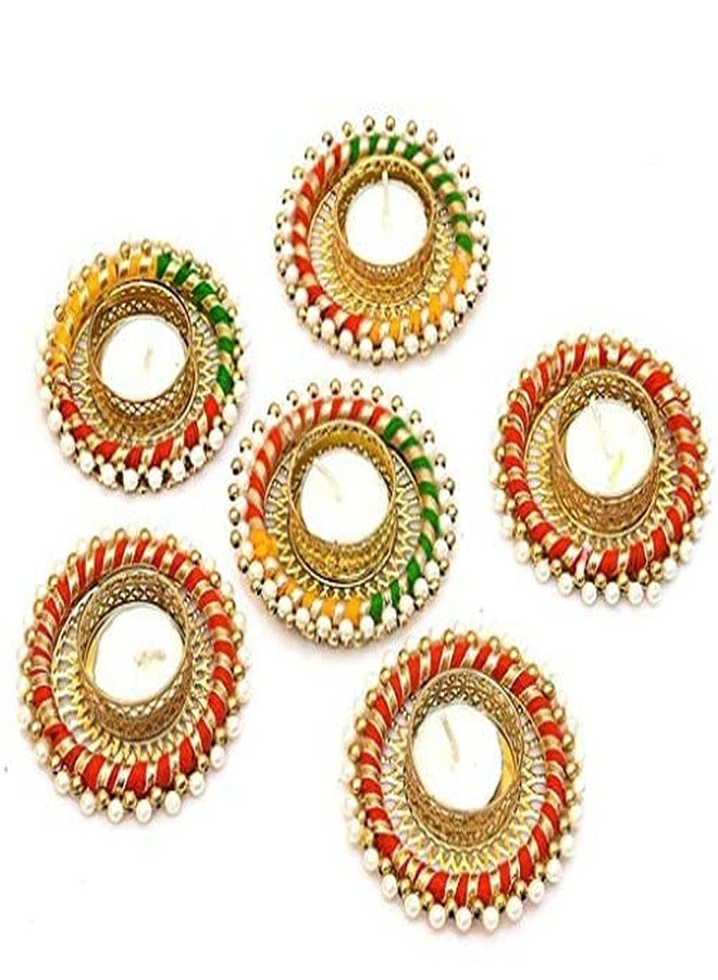 Anishop Handmade BeautifulColorfull Pearl Decorative Tealight Diya Candle Holder Pair for 6 Diya Diwali Festival Home Decorations Lights 3 inch Diameter with 6 Wax Candle