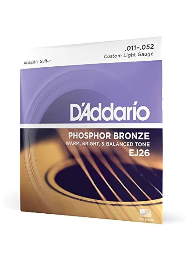 D'Addario Guitar Strings - Phosphor Bronze Acoustic Guitar Strings - EJ26 - Rich, Full Tonal Spectrum - For 6 String Guitars - 11-52 Custom Light  - Image 1