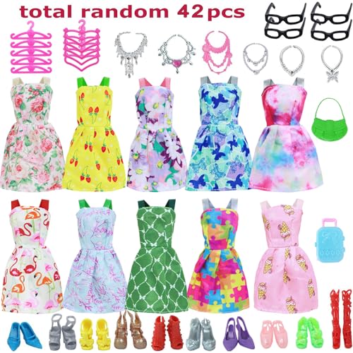 BJDBUS 42 pcs Doll Clothes and Accessories Including 10 pcs Fashion Mini Dresses 32 pcs Shoes, Glasses, Necklaces, Handbag, Hangers Accessories for 11.5 Inch Girl Doll - Image 2