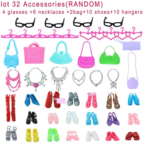 BJDBUS 42 pcs Doll Clothes and Accessories Including 10 pcs Fashion Mini Dresses 32 pcs Shoes, Glasses, Necklaces, Handbag, Hangers Accessories for 11.5 Inch Girl Doll - Image 4