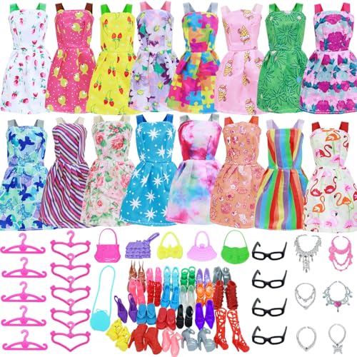 BJDBUS 42 pcs Doll Clothes and Accessories Including 10 pcs Fashion Mini Dresses 32 pcs Shoes, Glasses, Necklaces, Handbag, Hangers Accessories for 11.5 Inch Girl Doll - Image 1
