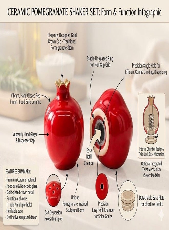 aaBco Ceramic Pomegranate Salt and Pepper Shaker Set Ceramic Salt and Pepper Shaker Set, Kitchen Table Seasoning Containers (Pomegranate) - Image 3