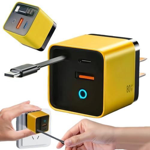 Silanit 3 in 1 GaN Charger,80w Fast Charger Adapter with Type-C Cable & 2 USB Ports,Multi-Functional Retractable All in one Charger for Phone,Tablets,laptops (Yellow) - Image 1