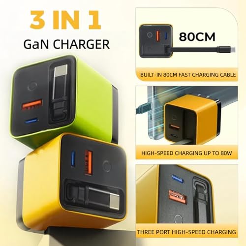 Silanit 3 in 1 GaN Charger,80w Fast Charger Adapter with Type-C Cable & 2 USB Ports,Multi-Functional Retractable All in one Charger for Phone,Tablets,laptops (Yellow) - Image 5