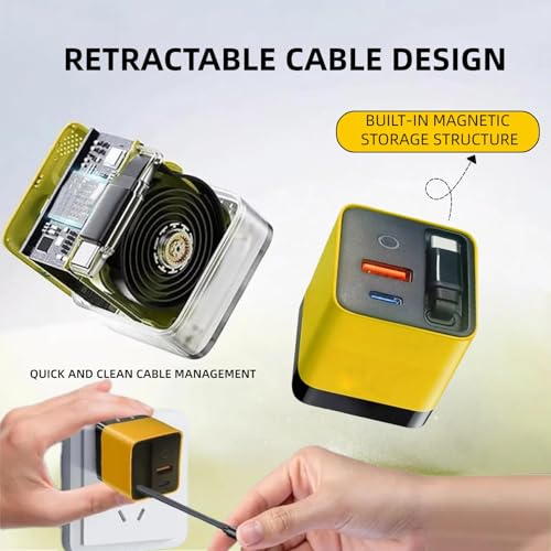 Silanit 3 in 1 GaN Charger,80w Fast Charger Adapter with Type-C Cable & 2 USB Ports,Multi-Functional Retractable All in one Charger for Phone,Tablets,laptops (Yellow) - Image 3