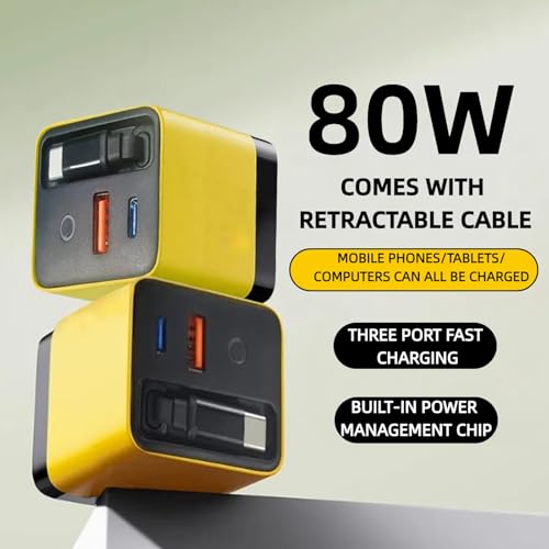 Silanit 3 in 1 GaN Charger,80w Fast Charger Adapter with Type-C Cable & 2 USB Ports,Multi-Functional Retractable All in one Charger for Phone,Tablets,laptops (Yellow) - Image 2