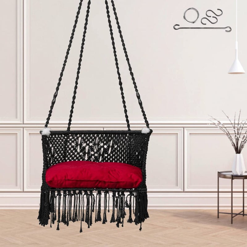 SwingSwing for BalconySwing Chair for Adults for HomePremium C Shape Swing with Macrame Floral DesignHanging Jhula for AdultsSwinging ChairJhoolaRed Cushion Hanging Kit IncludedBlack