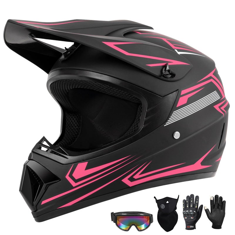 TIANDU Youth Kids Dirt Bike Motocross Helmet (Goggles Gloves Face Mask) 4PCS Set, DOT Approved Girls Full Face Motorcycle Helmets, ATV BMX MX Mountain Bike Off Road Kid Helmet (Pink, M) - Image 1