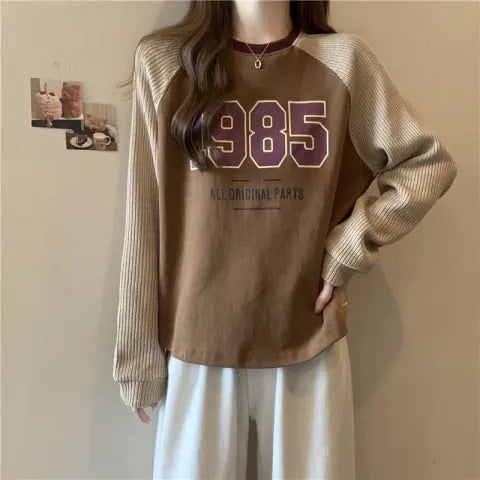Korean Style Spring and Autumn New Loose All-match Contrast Color T-shirt Stitching Pullover Shoulder Long-sleeved Short Sweatshirt Womens Trendy Coffee and khakis