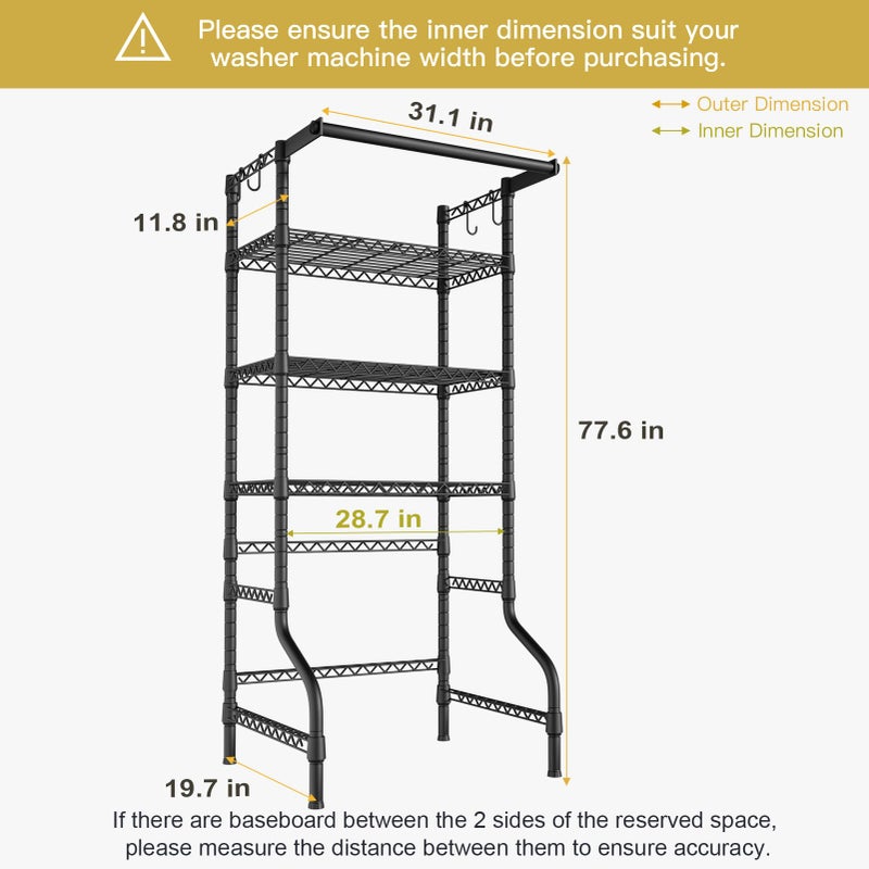 Ulif U11 Medium Over Washer and Dryer Shelves, 3 Tiers Laundry Room Storage and Organizer Standing Shelf, Metal Freestanding Clothes Drying Rack, 31.1â€W x 19.7â€D x 77.6â€H, Black - Image 3