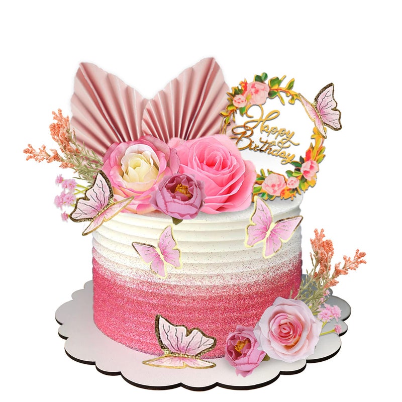 DRWATE 17 PCS Flower Cake Toppers Boho Cake Toppers Butterfly Cake Decorations with Light Artificial Roses Eucalyptus for Wedding Birthday Supplies Light Pink - Image 2