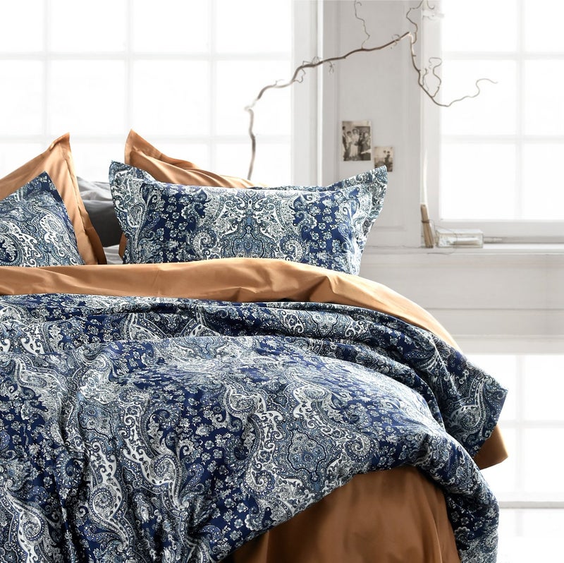 Eikei Home Damask Medallion Luxury Duvet Quilt Cover Boho Paisley Print Bedding Set 400 Thread Count Egyptian Cotton Sateen Vibrant Bohemian Pattern Midnight Queen