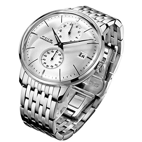 FEICE Watch for Men's Automatic Minimalistic Analog Mechanical Watch Leather Band Watches Analog Curved Mirror Brushed Finish Casual Dress Watches Stainless Unique Gifts FM212 Sliver. - Image 1