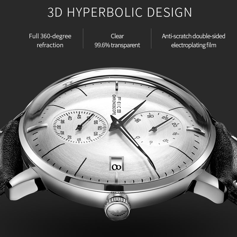 FEICE Watch for Men's Automatic Minimalistic Analog Mechanical Watch Leather Band Watches Analog Curved Mirror Brushed Finish Casual Dress Watches Stainless Unique Gifts FM212 Sliver. - Image 2