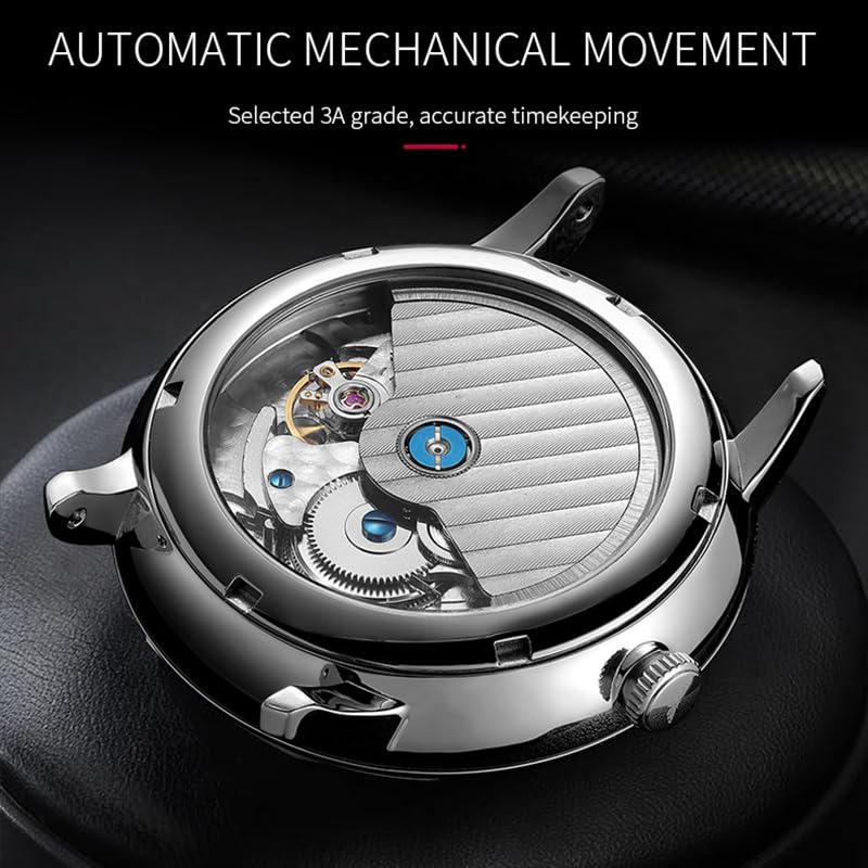 FEICE Watch for Men's Automatic Minimalistic Analog Mechanical Watch Leather Band Watches Analog Curved Mirror Brushed Finish Casual Dress Watches Stainless Unique Gifts FM212 Sliver. - Image 3
